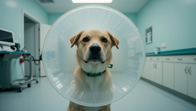 A dog wearing a cone around its neck, likely recovering from an injury or surgery