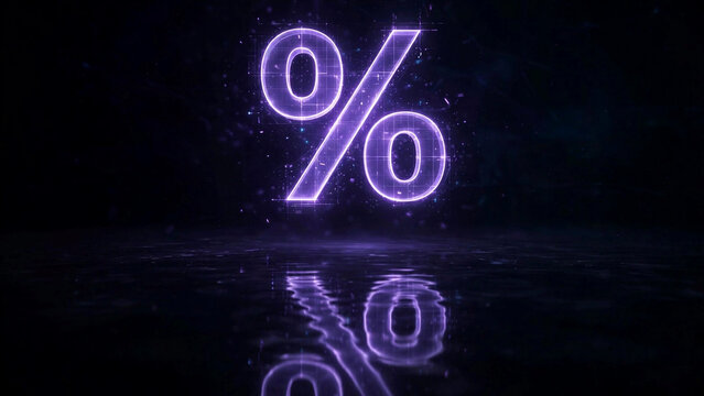 Glowing percent symbol hologram floating in dark space above a reflective surface, violet light