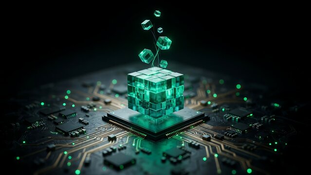 Glowing green geometric cube floating above a computer processor chip on a dark circuitry board