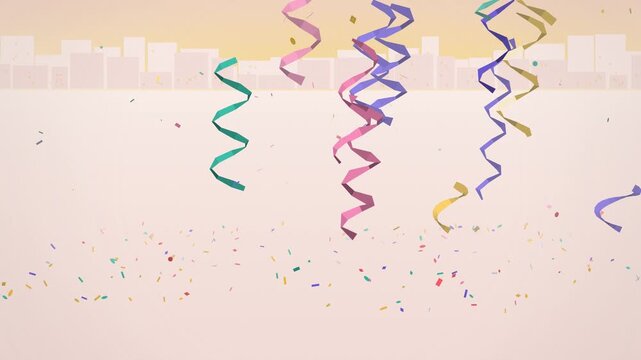 Colorful twirling curly streamers room scene looping motion greeting