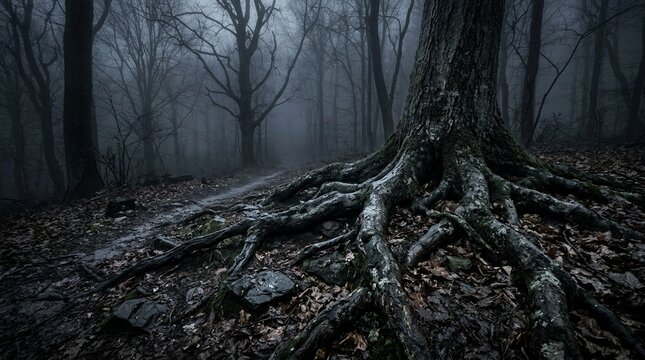 Ancient forest path with bare trees and ground fog at dusk