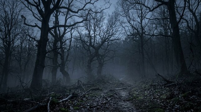 Ancient forest path with bare trees and ground fog at dusk
