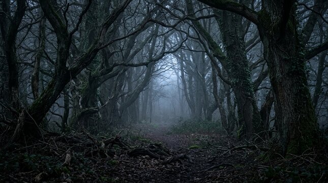 Ancient forest path with bare trees and ground fog at dusk