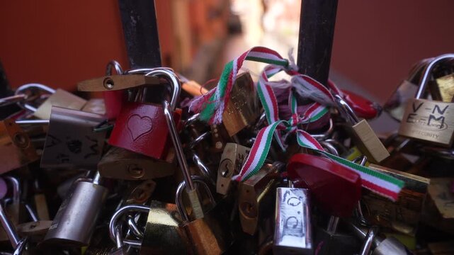 View of lovelocks and Finestrella - Canale di Reno in Bologna, Bologna, Emilia-Romagna, Italy