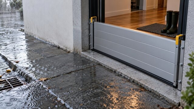 Removable Flood Barrier Protecting Dry Home Entrance During Heavy Rain