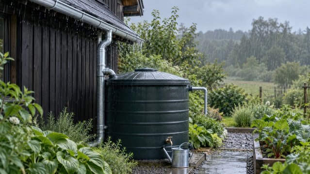 Residential Rainwater Harvesting Tank Collecting Roof Runoff in Garden