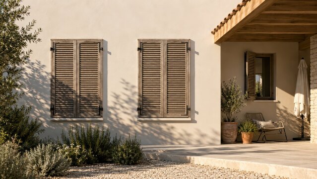 Closed Exterior Wooden Shutters Shading Home Facade in Summer Sun
