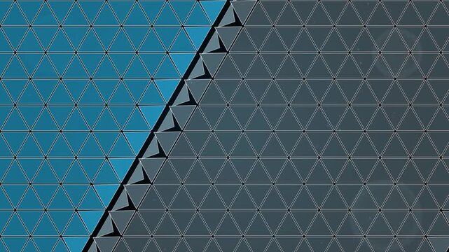 Seamless loop of glowing triangle tiles flipping in a wave and changing colors across a mosaic, cyan blue glow on black, abstract geometric background, 4K