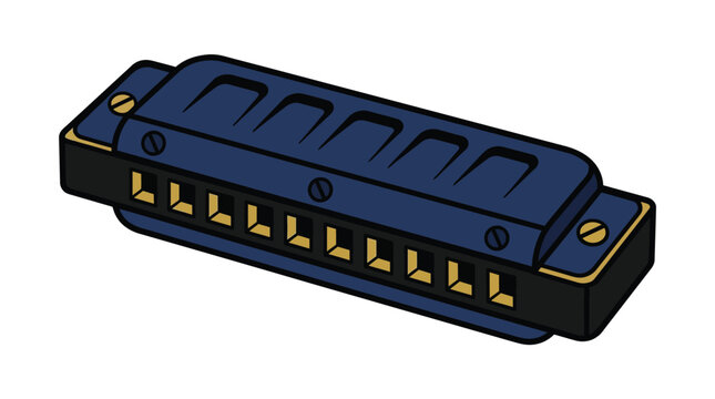 Blue harmonica featuring brass screws and metallic gold reed plates against solid white background