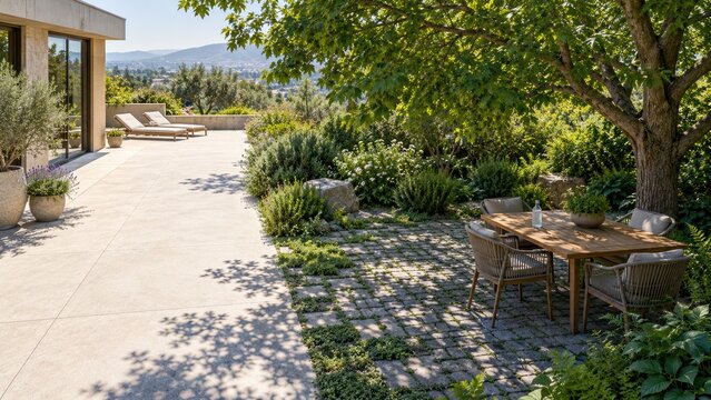 Sun Exposed Patio Beside Cool Shaded Garden Microclimate in Heatwave