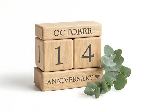 Wooden perpetual calendar showing october 14 anniversary date with green eucalyptus leaves nearby