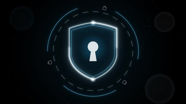 Seamless loop of a glowing shield with a keyhole, light tracing its outline and two rings turning in opposite directions, cyan blue glow on black, abstract technology background, 4K
