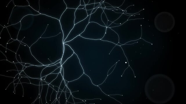 Seamless loop of glowing mycelium threads branching into a web with bright tips and pulses of light flowing outward, cyan blue glow on black, abstract nature background, 4K