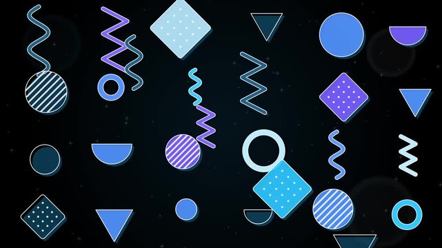 Seamless loop of Memphis style pop shapes, squiggles, zigzags, dotted squares, triangles and circles floating and turning, cyan blue tones on black, pop abstract background, 4K