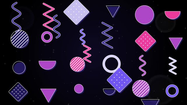 Seamless loop of Memphis style pop shapes, squiggles, zigzags, dotted squares, triangles and circles floating and turning, violet purple tones on black, pop abstract background, 4K
