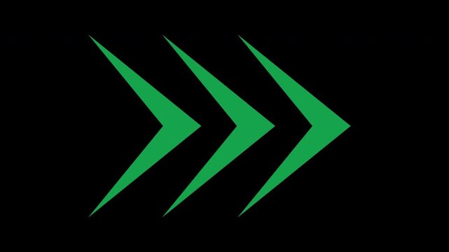 Three solid green arrowheads move sideways in staggered sequence, creating a forward-thrust directional graphic, high quality video footage for transitions, interfaces and modern motion design