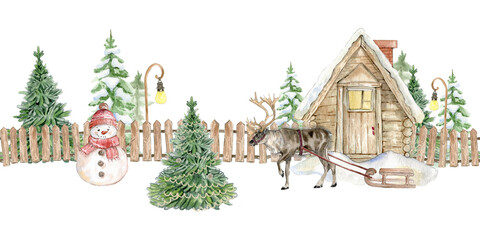 seamless watercolor border with a reindeer and a village house © Mary