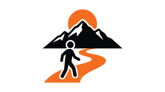 Hiking vector logo featuring person walking on winding path toward scenic mountain peak sunset