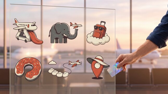 Hand placing a holographic boarding pass onto a glass board at an airport terminal with Lunar New Year travel illustrations of an airplane, elephant, dumplings, and suitcase
