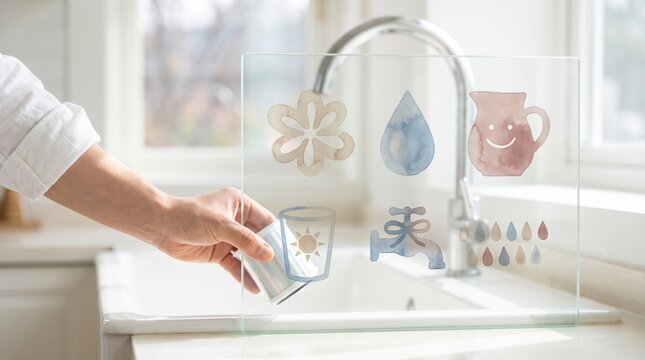 Hand placing a holographic water filter cartridge behind a glass board at a kitchen sink with Lunar New Year watercolor illustrations of a blossom, droplet, pitcher, and tap