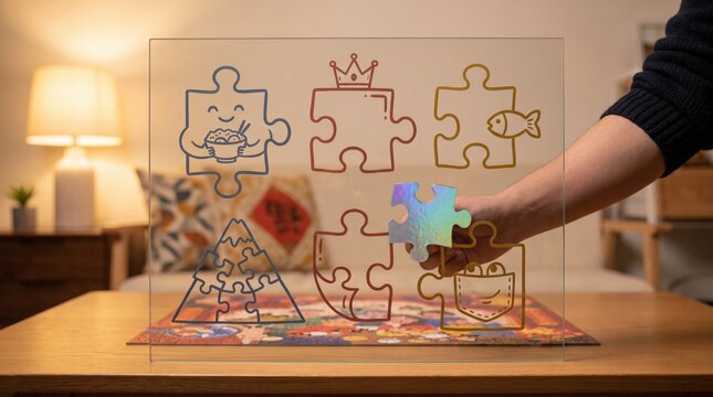 Hand placing a holographic jigsaw puzzle piece onto a glass board in a cozy living room with Lunar New Year illustrations of a noodle bowl, lucky fish, crown, and mountain