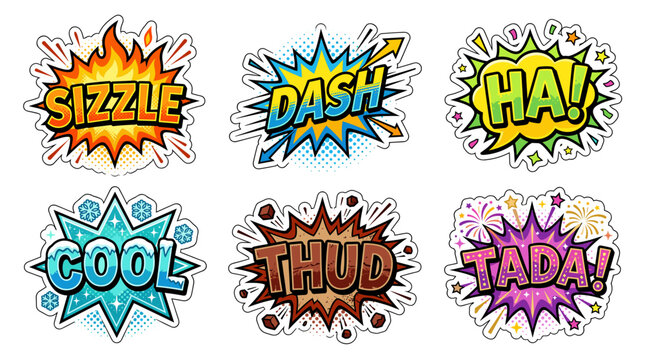 Comic book sound effects including sizzle dash and tada words.