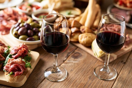 The Wine Glasses on Rustic Wooden Table with Charcuterie Spread