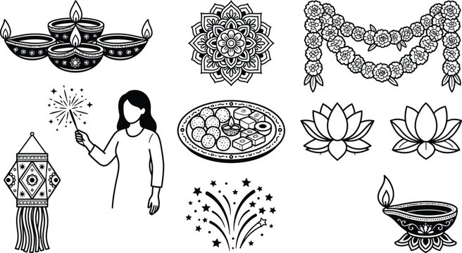 Diwali festival icons including diyas lotus flowers fireworks and a woman lighting a sparkler