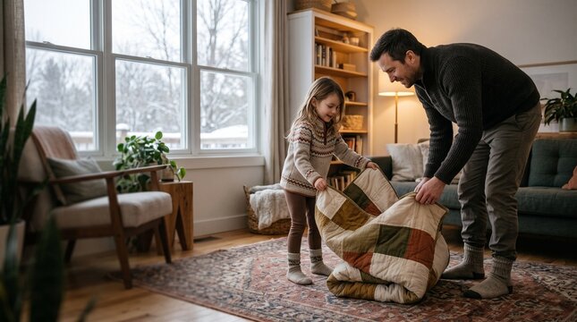 Father and Daughter Folding Quilt in Cozy Living Room