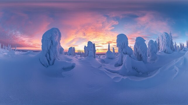 360 Degree Panoramic View of Snowy Winter Forest at Sunset