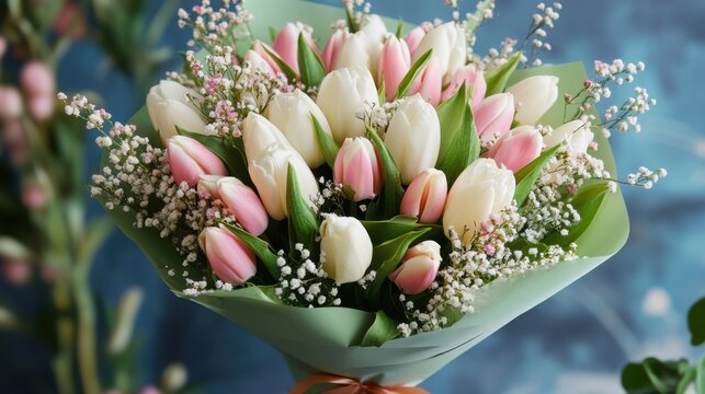 Beautiful Bouquet of Pastel Pink and White Tulips with Baby's Breath