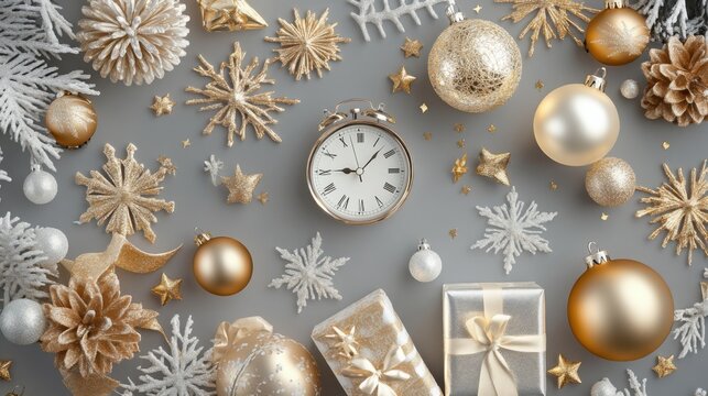 Christmas Flat Lay with Gold Ornaments and Clock