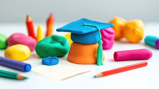 Colorful Clay Graduation Cap with School Supplies