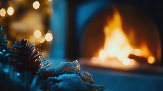 Cozy Christmas Fireplace Scene with Pine Cone and Bokeh Lights