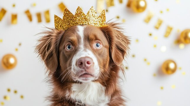 Cute Australian Shepherd Dog Wearing Golden Crown for Birthday Party