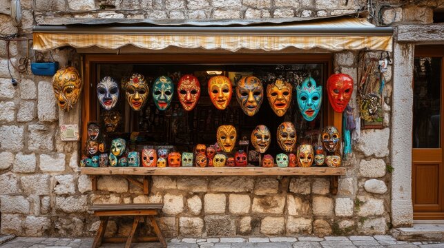 Colorful Venetian Masks Displayed in a Stone Shop Window