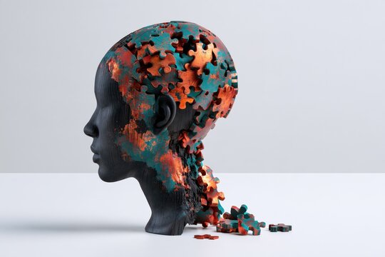 Artistic depiction of a human head sculpture with jigsaw puzzle pieces missing and scattered, symbolizing mental complexity and cognitive fragmentation concept
