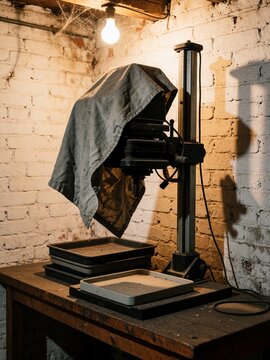 Vintage photographic enlarger in darkroom