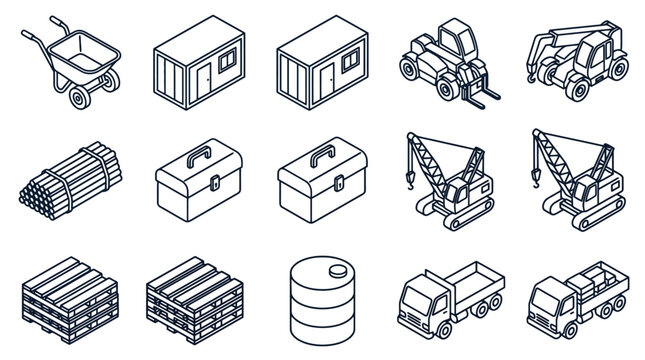 Industrial Construction Equipment and Tools Set Black and White Line Icons Collection with high quality professional line art symbols for modern creative design and digital branding projects