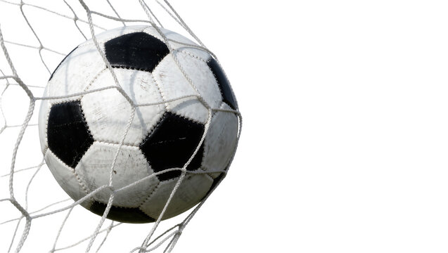 Classic black and white soccer ball caught in white net, isolated on transparent background