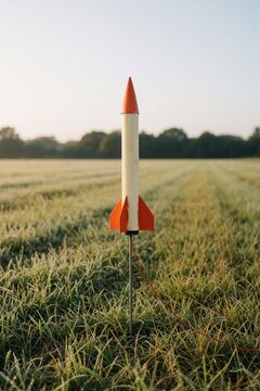 Model rocket on launch pad in a field at sunrise