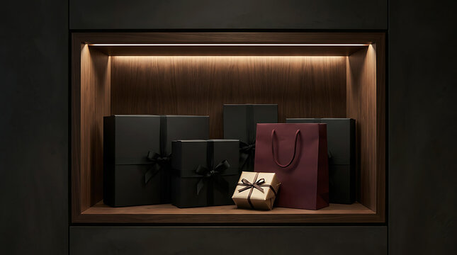 Luxury gift boxes and shopping bags on a lit wooden display shelf in a store
