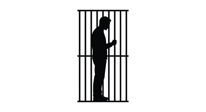 Silhouette of a man standing behind prison bars on a white background