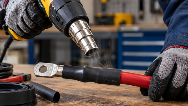 Electrician shrinking heat tubing on cable lug terminal using heat gun.