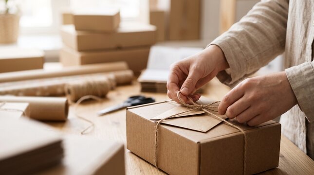 Person tying natural twine around a cardboard box for packaging
