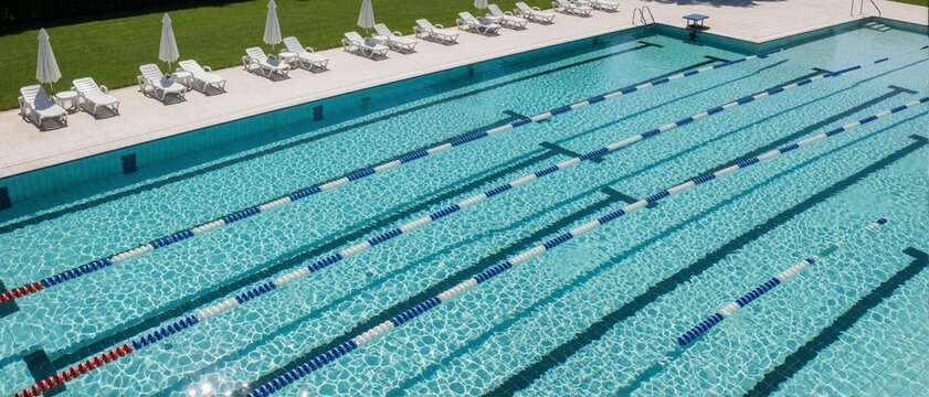 Aerial view of an outdoor swimming pool with lane markers and loungers