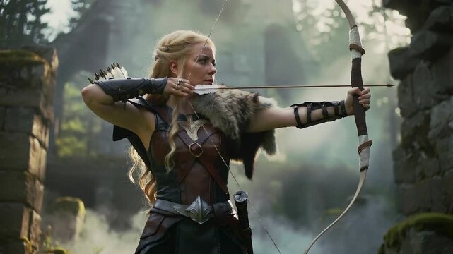 Archer draws and releases an arrow in a forest clearing during a fantasy game sequence