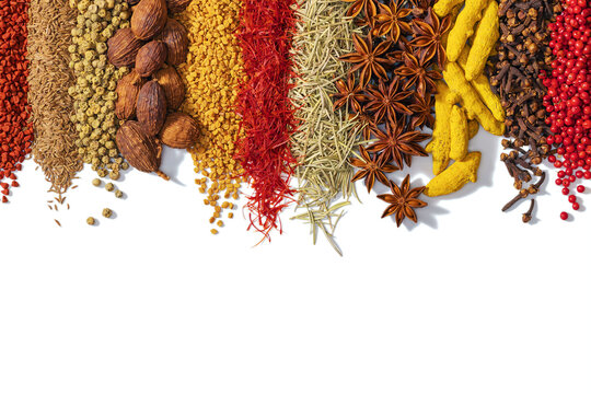 Flavor seasonings and herbs in striped composition, colorful spices isolated on white background