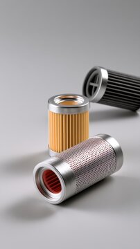 Various cylindrical industrial filters with metal casing and pleated or perforated filter media arranged on light surface for air or fluid purification