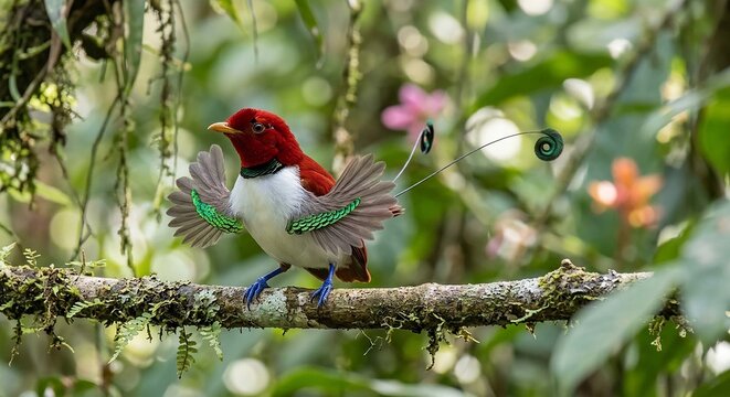 A male resplendent quetzal bird perched on a branch displaying its vibrant red chest and green plumage in a tropical forest